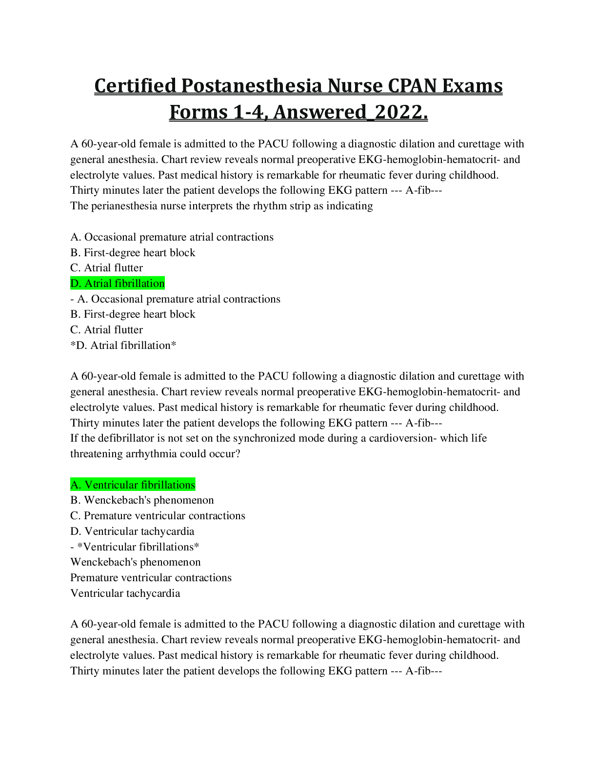 Preview image for Certified Postanesthesia Nurse CPAN Exams Forms 1-4, Answered_ .